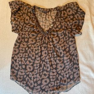 Express Sheer Leopard Sequin Vneck Shirt